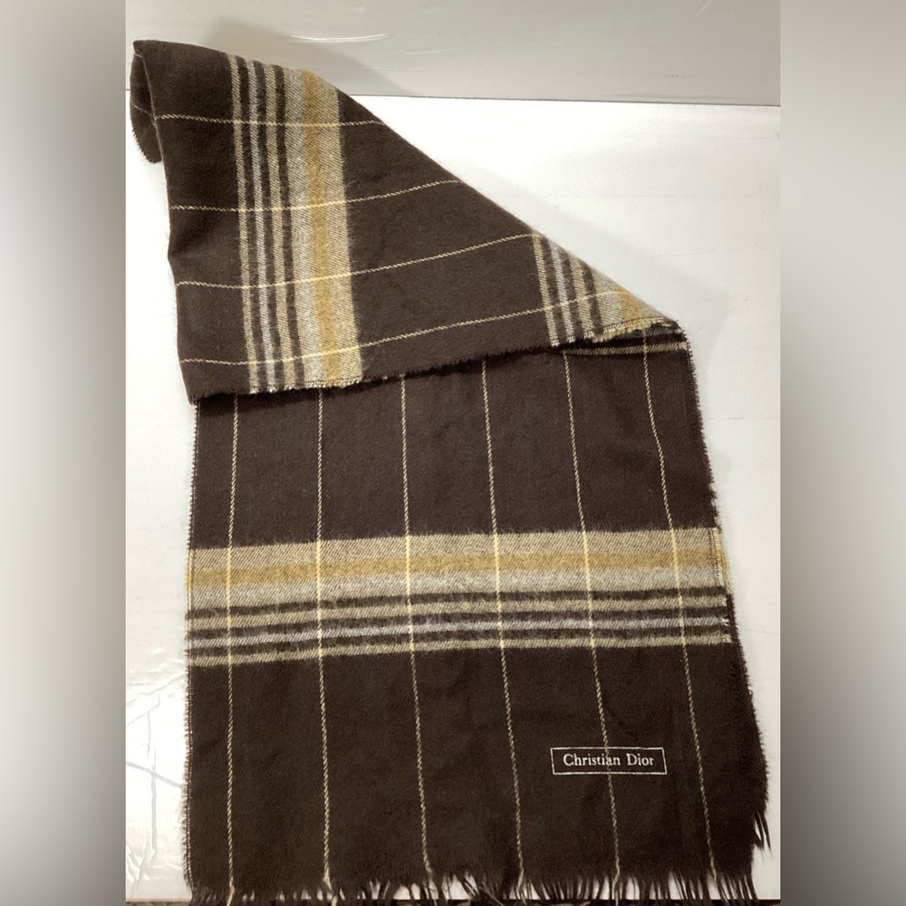 Christian Dior Man's Brown and Tan Plaid Scarf, One Size, Wool